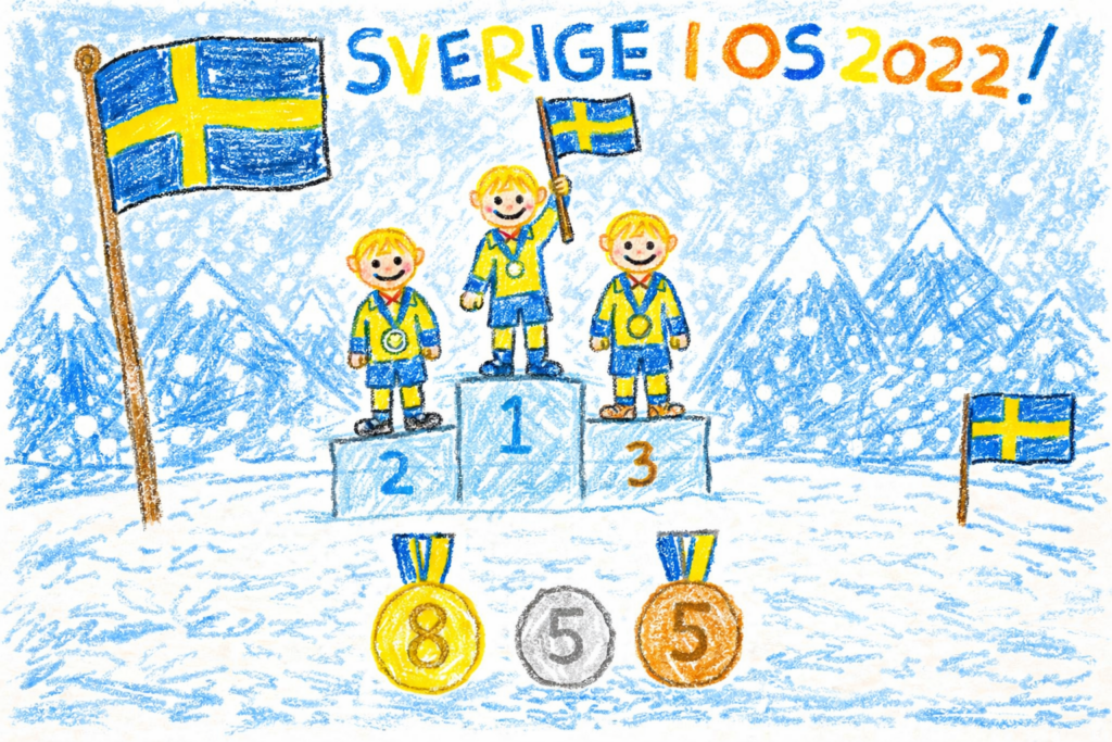 Barnteckning som visar Sveriges medaljer i Vinter-OS 2022 med 8 guld, 5 silver och 5 brons – och ställer frågan om Sverige kan ta ännu fler medaljer i Vinter-OS 2026.